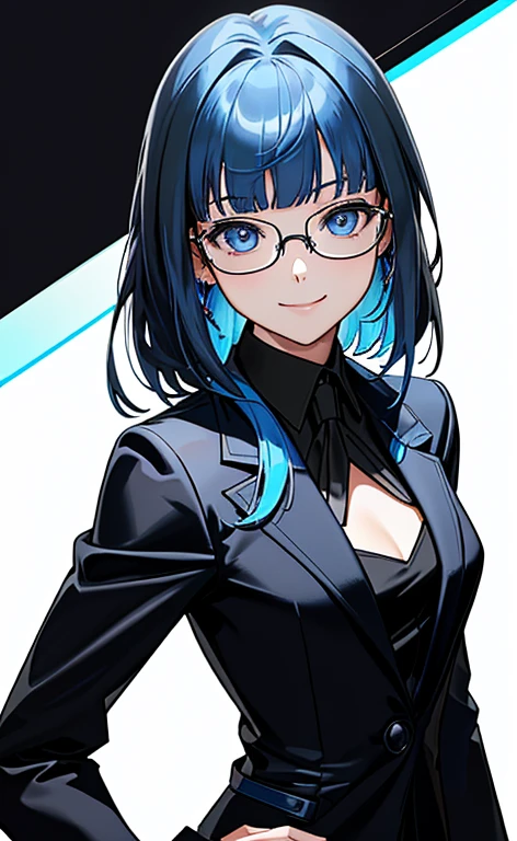 (Face:1.5)、(masterpiece:1.5、Photorealistic:1.4,anime coloring:1.4、high resolution:1.4)、,(spot light:1.2、Exquisite beautiful eye:1.5,)、(stand:1.5)、()、(upper body:1.5)、
(kind eyes、tareme:1.4),(glasses:1.5)、(Cute Face)、(blue hair:1.5)、(middle hair:1.5),(sidelock :1.6),(blunt bangs:1.3),(1 girl)、(blue eyes:1.2)、(light smile:1.5),()、(solo)、() ,(),(small breasts),(),(black business suit:1.5),()、()、()、Slim Body(),Shiny Hair、