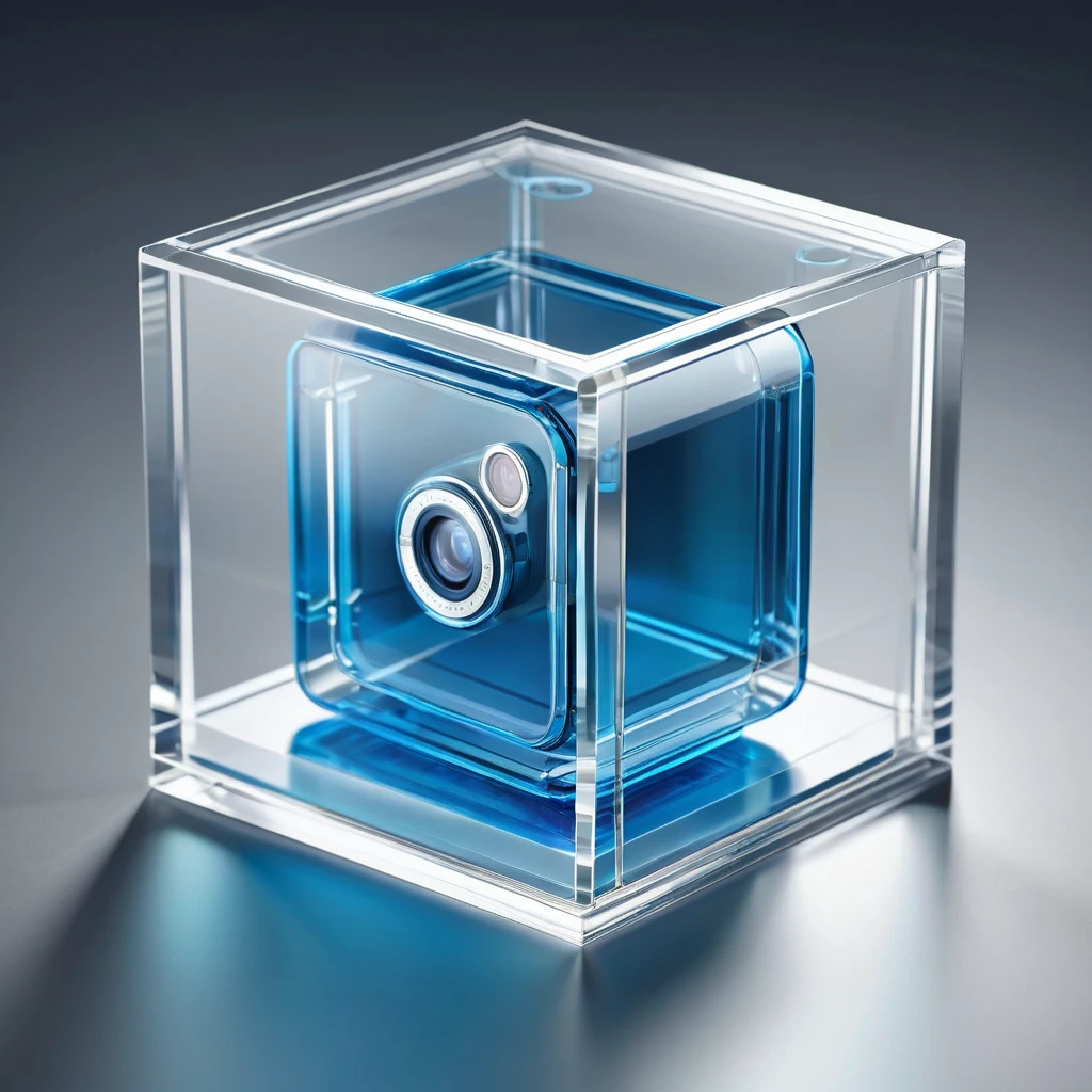 photorealistic image of a small Blue 3D Instagram logo encased in a luxurious transparent box, viewed from an enhanced side angle to better reveal the 3D shape of the logo. The box should be white, exquisitely designed, featuring crystal-clear glass with refined, sharp edges and polished surfaces that emphasize the depth and three-dimensionality of the logo inside.