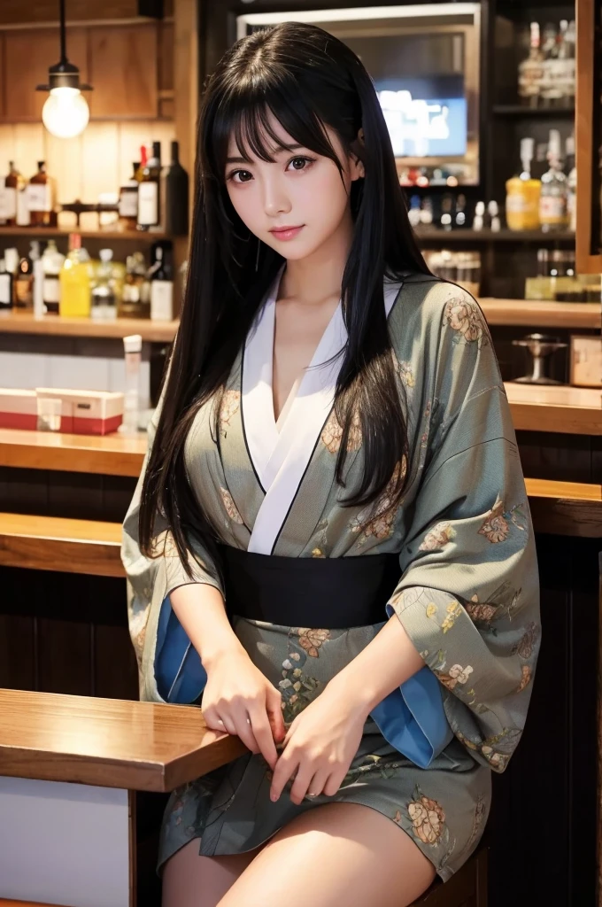 1woman, idol, long hair, black hair, bar counter、Take off your kimono、後ろ姿、20代、