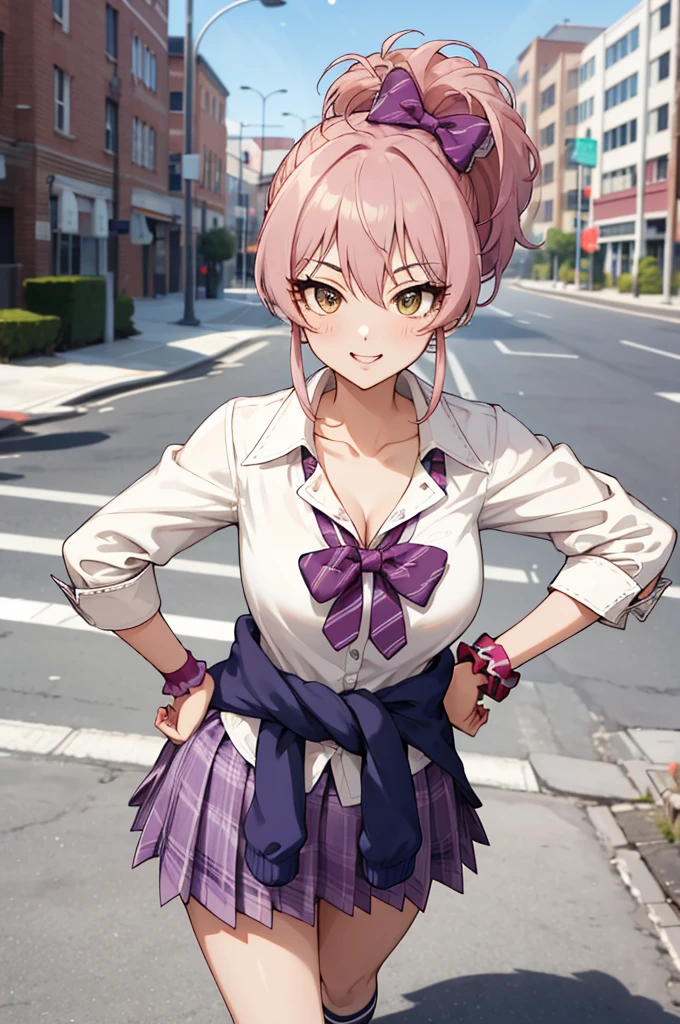 masterpiece, best quality, highres, aamika, ponytail, hair bow, collarbone, , striped, bowtie, collared shirt, white shirt, sleeves rolled up, wrist scrunchie,, clothes around waist, plaid skirt, purple skirt, socks, outdoors, hands on hips, smile,big breasts,nsfw
