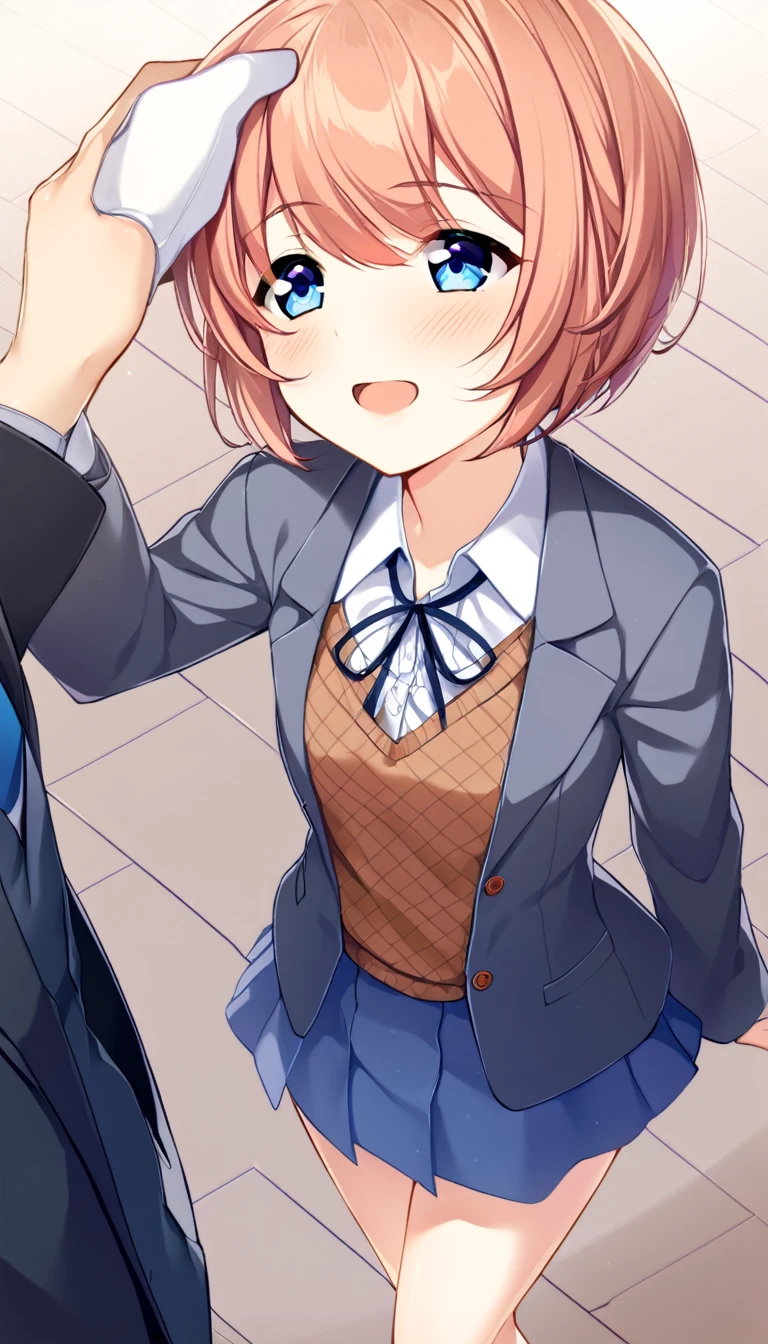 one girl, lovely, blazer, Sayori, my childhood friend, cute, short hair, blush, light blue eyes, love me, I stroke her head gently, feel happiness, from above, my hand on her head, look at me, ecstatic, I cherish her