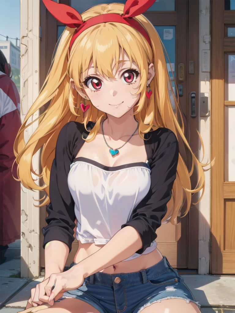 , ((beautiful)), ((masterpiece)), ((best quality)), (extremely detailed face), perfect lighting, highres, 8k, wallpaper, backlit, (absurdres), (ultra detailed, 8K, ultra highres:1.2), BREAK,(RED Ribbon on HAIRband:1.2),Blonde HAIR,smile,navel,groin,denim shorts,loose clothes,shirt pull:1.4,shorts pull:1.4,A fashionable female ,dressed in a casual yet stylish outfit,browsed the racks of clothes at the department store. She hummed a tune to herself as she examined the various accessories and small items on display. Her outfit consisted of a pair of ripped denim shorts paired with a loose, camisole and a pair of sneakers. She accessorized with a small, silver bracelet on her wrist. As she shopped, the girl couldn't help but be drawn to the various colorful and glittering items in the store. She picked up a pair of cute, heart-shaped earrings and a matching necklace,admiring them in the bright, fluorescent lighting,Ichigo Hoshimiya (Aikatsu!),from below,squatting,groin_focus,