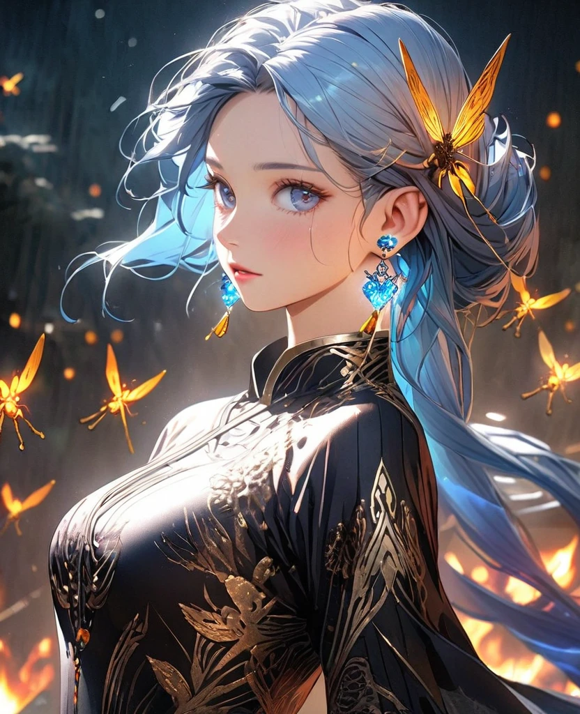 8K,gal,an extremely delicate and beautiful,Beautiful and realistic skin,Shiny jewel-like earrings,glowing tattoo,Long blue hair,beautiful eyes,whole body,fire Fly,Ao dai