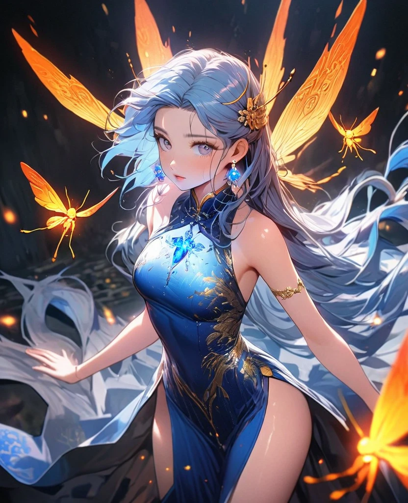 8K,gal，an extremely delicate and beautiful,Beautiful and realistic skin,Shiny jewel-like earrings,glowing tattoo,Long blue hair,beautiful eyes,whole body,fire Fly,Ao dai