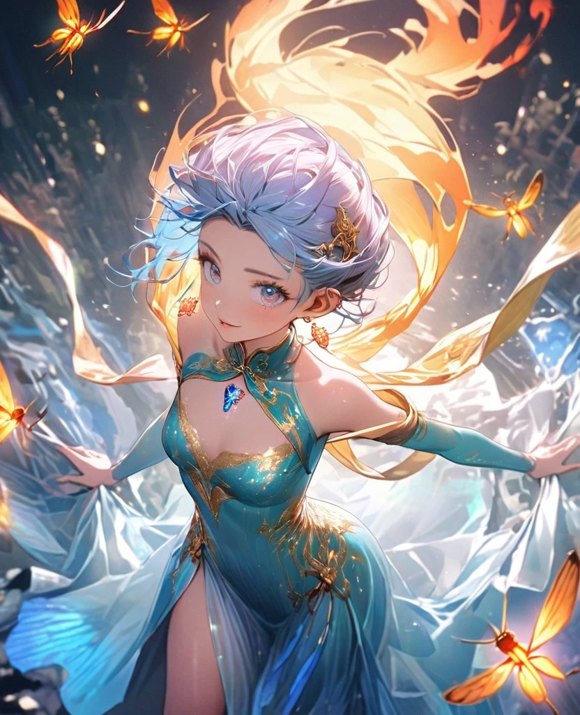 8K,gal,an extremely delicate and beautiful,Beautiful and realistic skin,Shiny jewel-like earrings,glowing tattoo,Long blue hair,beautiful eyes,whole body,fire Fly,Ao dai