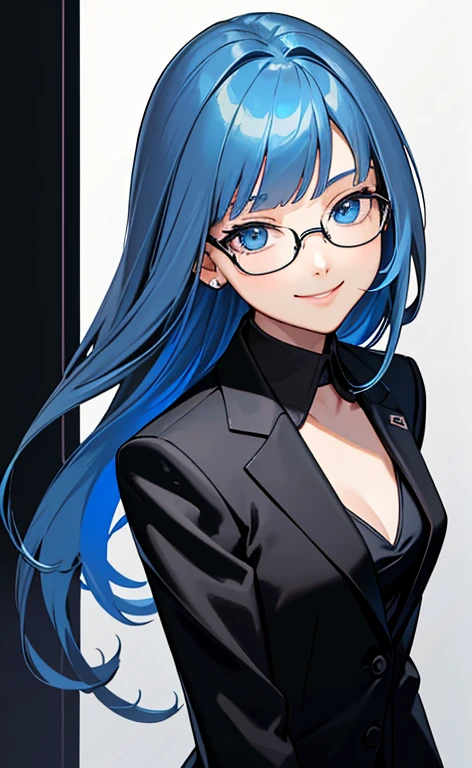 (Face:1.5)、(masterpiece:1.5、Photorealistic:1.4,anime coloring:1.4、high resolution:1.4)、,(spot light:1.2、Exquisite beautiful eye:1.5,)、(stand:1.5)、()、(upper body:1.5)、
(kind eyes、tareme:1.4),(glasses:1.5)、(Cute Face)、(blue hair:1.5)、(middle hair:1.5),(sidelock :1.6),(blunt bangs:1.3),(1 girl)、(blue eyes:1.2)、(light smile:1.5),()、(solo)、() ,(),(small breasts),(),(black business suit:1.5),()、()、()、Slim Body(),Shiny Hair、