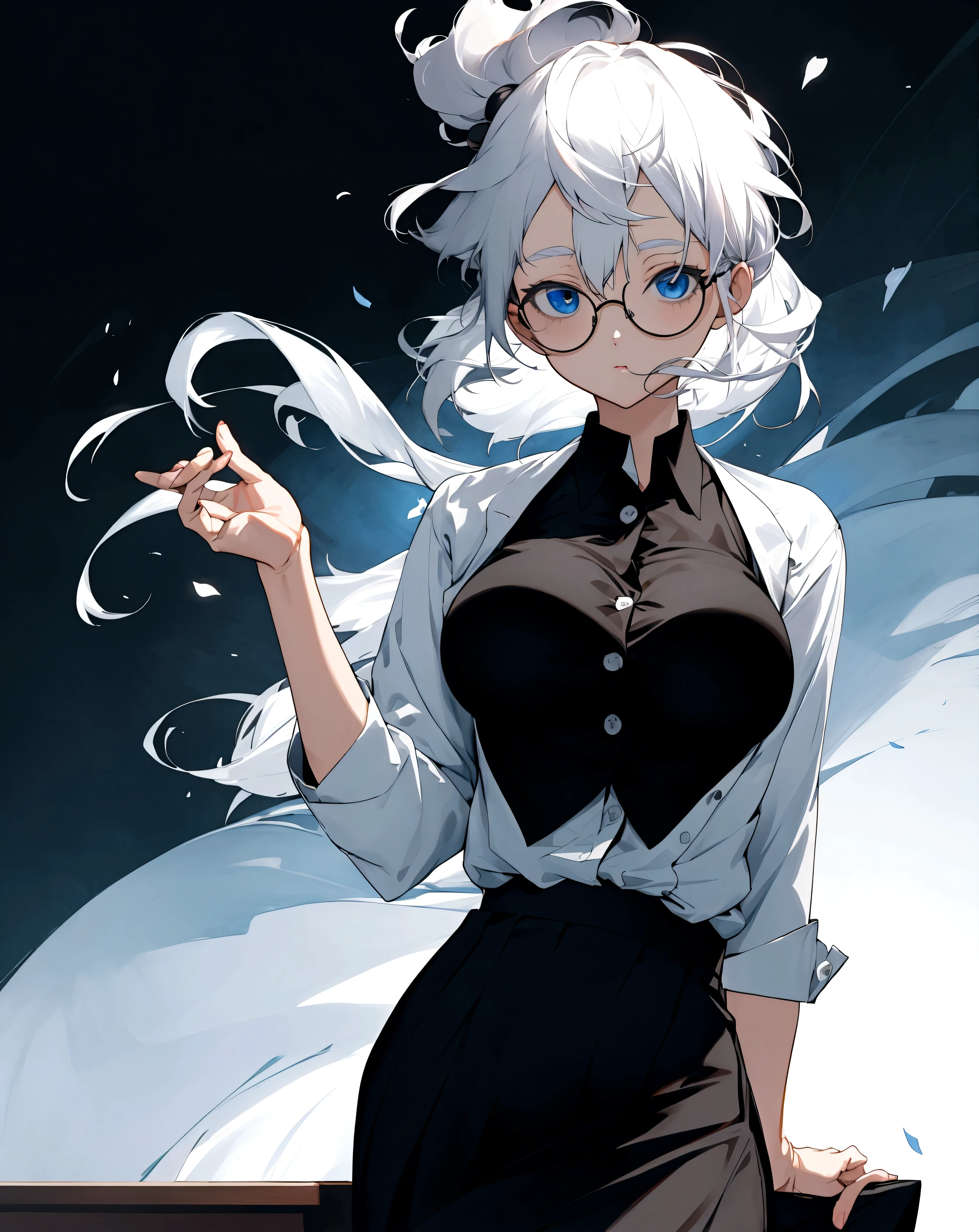 Gojo satoru fromm jjk anime,1 tall girl,white hair,blue eyes,white shirt(the first two buttons of that are open) with black skirt, round black glasses on her head , big breasts