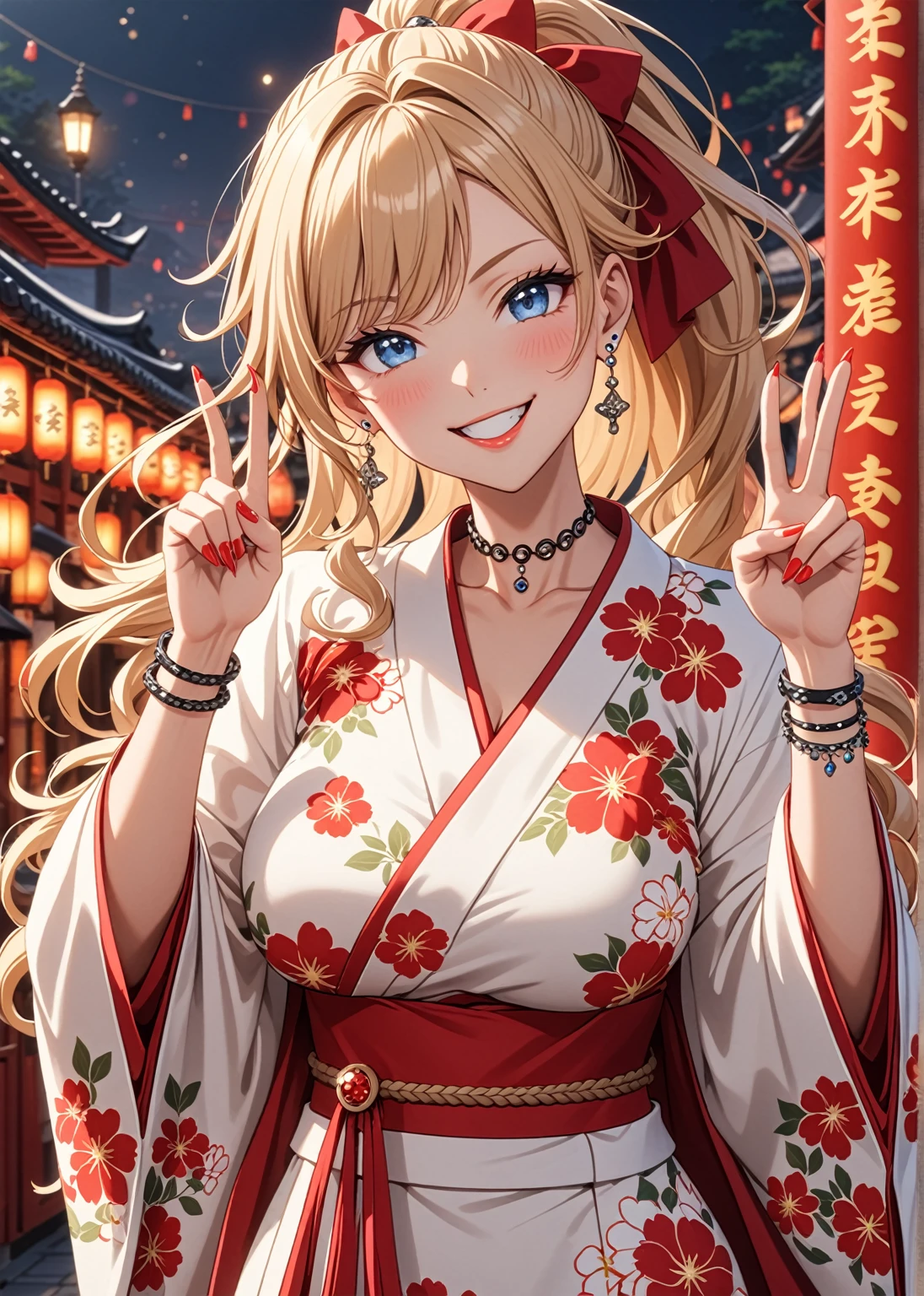 ((One personの女性)), Beautiful Face, (Laughing embarrassedly), ((smirk:1.3)), ((Wink:1.1)), (head tilt:1.3), Laugh with your mouth wide open, upper teeth, looking at viewer, ((Bright red cheeks:1.6)),Glossy Red Lips, ((Big Breasts:1.3)) evening, Shrine festival stalls, Glossy red lips, (Shining Face), ((Anime style background)),masterpiece, Highest quality, so beautiful,up to date, Complex details, (Pink long nails), (nail art), (ring),(bracelet), (helix piercing:1.6), (Floral choker),AI-generated, Complex,High resolution, Highest quality, super high quality,3D Images、3D Images,One person,Blonde long hair,(High Ponytail), (wavy hair), Anime woman posing for a photo, ((Fine grain、blue eyes、Shining Eyes:1.3)), (Squint your eyes:1.1),a hyperRealistic , hyperRealistic , Realistic,Long and blonde anime woman, Smooth anime CG art, Pink large floral patternの刺繍が入った、Woman in luxurious kimono, ((White long sleeve kimono)),(Pink large floral pattern) ,Long flower hair ornament,Earrings,Mature Body, Tall,Abdominal muscles,Tight waist, ((making a peace sign)),(face focus:1.3), (front view),