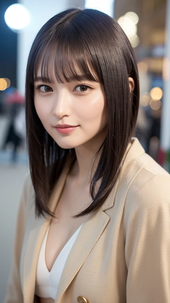 masterpiece, highest quality, High resolution,alone,Brown,artistic,Best lighting,Casual clothing,Flat Chest,Beautiful Face,expensive,smile,light makeup,Age 24,Calm woman,Detailed Hair,Laughing woman,Face Focus,Bob Cut Hair,Vibrant colors,Thin eyebrows,Woman wearing a naked jacket,outside,night,Background Bokashi,illumination,Low exposure,Office Casual,whole body,NSFW
