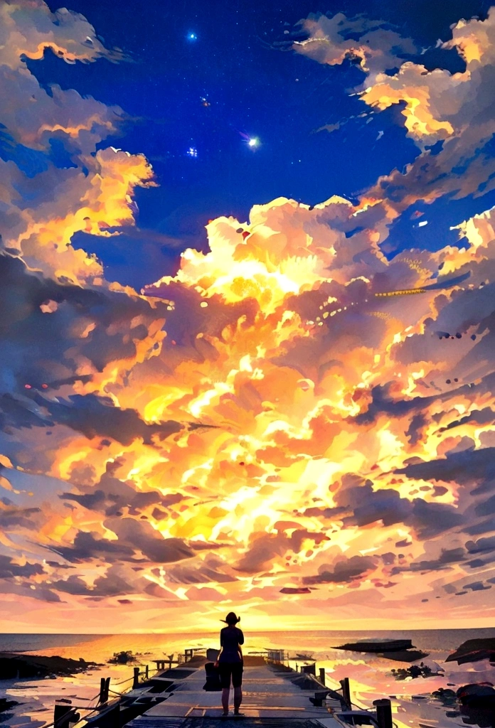 a person sitting on a dock at night with the sun setting, unsplash contest winning photo, gazing off into the horizon, pexels contest winner, dreamy night, looking into the horizon, looking to stars, watching the stars, pexels, watching the stars at night, looking at the stars, looking out at a sunset, girl watching sunset