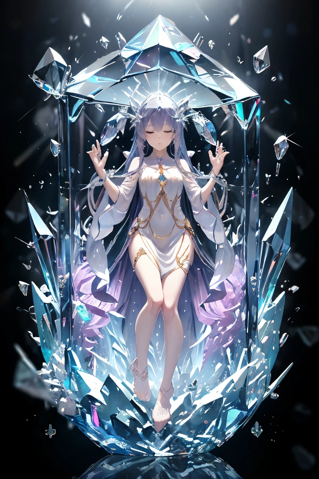 （（（ＳＦＷ、sound、Highest quality、first-clasasterpiece、Normal body、8K、Detailed face、Ultra-precision、Normal hand、Normal finger、５Finger、Highest）））、spirit、Holy Spirit、The Goddess Sleeping in the Crystal、A goddess sealed away in a giant crystal、Full body crystals、Glowing body