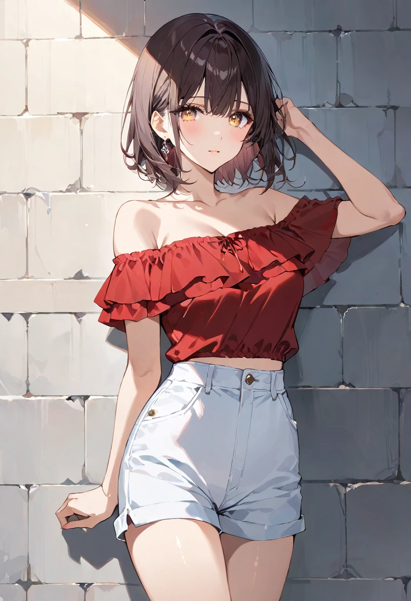 masterpiece, best quality, ultra detailed, sparkling eyes, The image depicts an anime-style illustration of a young woman. She has short, dark hair and is wearing a casual outfit consisting of a red off-the-shoulder top and light-colored high-waisted shorts with a checkered pattern. The woman is leaning against a wall, with a relaxed expression and one hand resting behind her head. The lighting in the image creates a soft and warm atmosphere, highlighting the character's features and giving the scene a gentle, inviting feel.