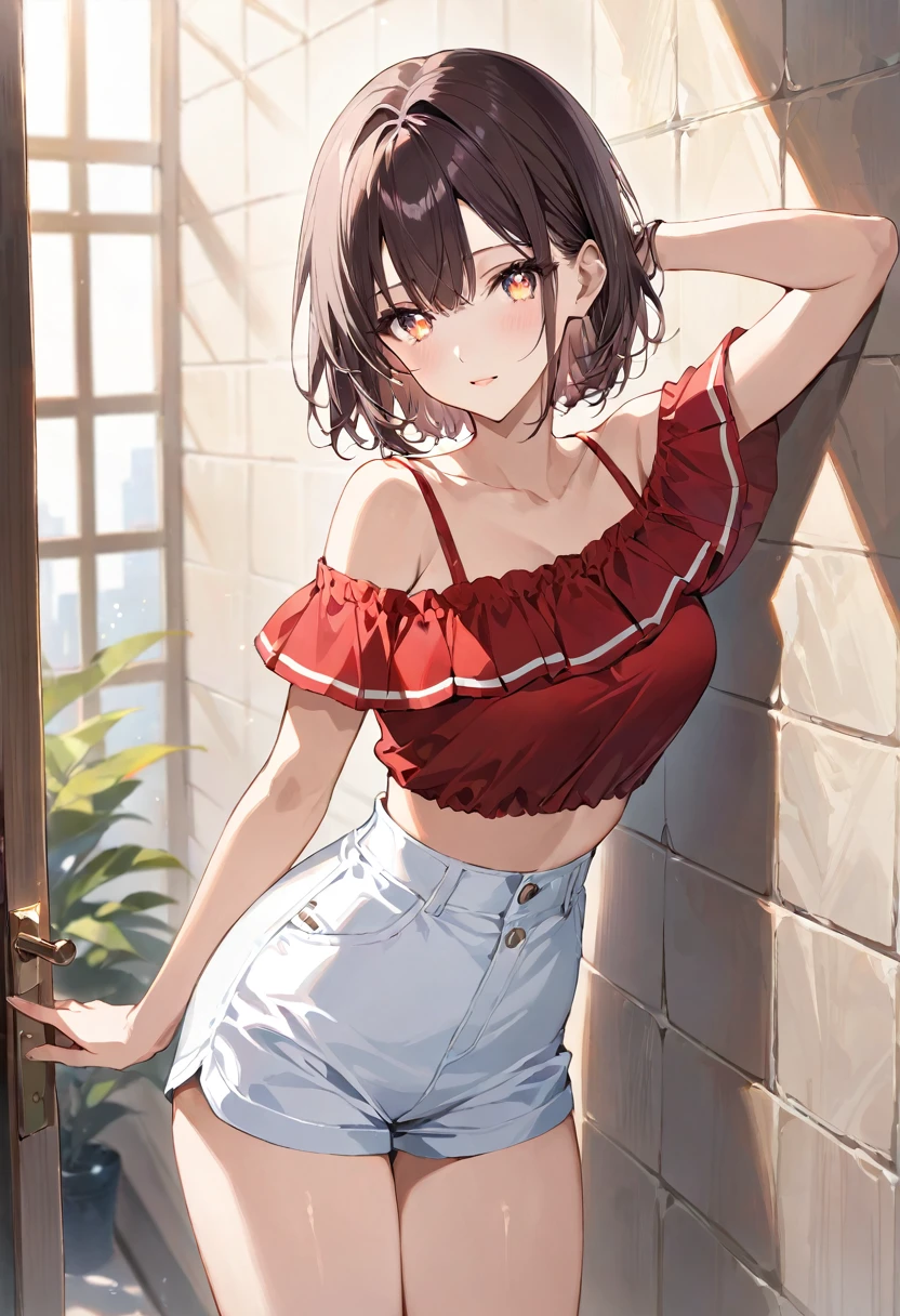 masterpiece, best quality, ultra detailed, sparkling eyes, The image depicts an anime-style illustration of a young woman. She has short, dark hair and is wearing a casual outfit consisting of a red off-the-shoulder top and light-colored high-waisted shorts with a checkered pattern. The woman is leaning against a wall, with a relaxed expression and one hand resting behind her head. The lighting in the image creates a soft and warm atmosphere, highlighting the character's features and giving the scene a gentle, inviting feel.