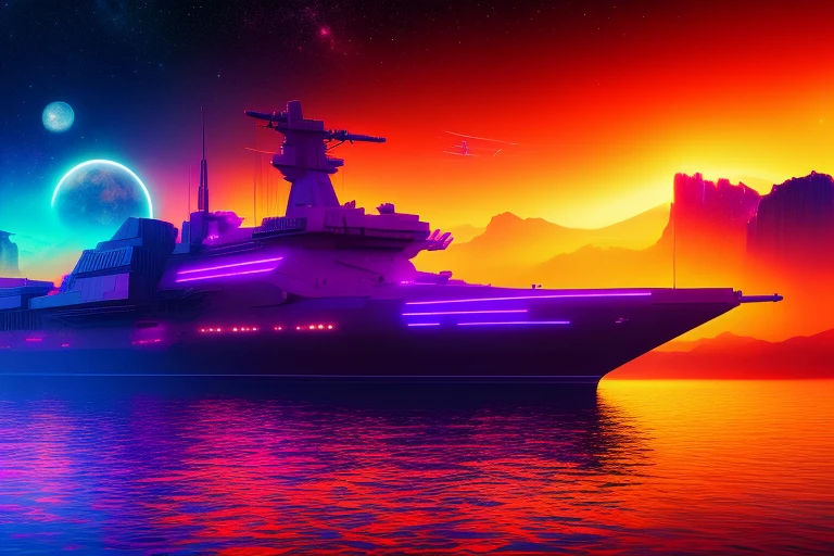 Masterpieces, Synthewave style, colorful, psychedelic, close up, huge size near-future battleship, outline just like neon lights, there is milkyway far side of background high detailed, 8k