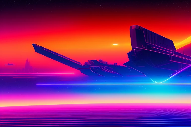 Masterpieces, Synthewave style, colorful, psychedelic, close up, huge size near-future battleship, outline just like neon lights, there is milkyway far side of background high detailed, 8k