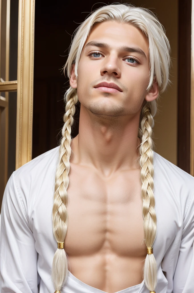 best quality, younger boy
masterpiece,white hair, gold eyes,white clothes, looking up, upper body,hair strand,Fair skin,side braids
