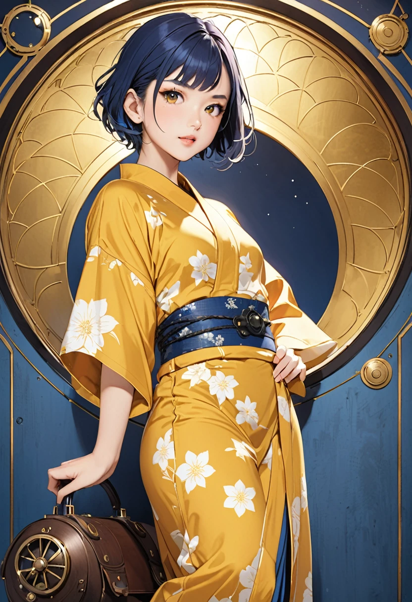 (fashion magazine gravure:1.3),(masterpiece, best quality:1.1),A gravure photo of a girl from the Edo period, with a model posing in a yellow-color yukata,star pattern yukata,open yukata,Steampunk,model posing,summer,whole body,BREAK.(tween,detailed face,(darkblue wavy-short hair),eyebrows),