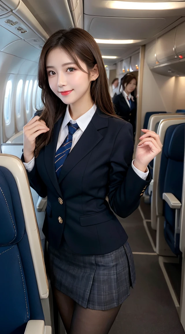Highest quality、Tabletop、8K、Best image quality、Award-winning works)、One beautiful woman、Glowing Beautiful Skin , masterpiece、Highest quality、Ultra-high resolution、Depth of written boundary、Lens Flare 1 Girl、、Brown Hair, Capture the attention of the audience, Large Breasts , Stewardess Uniform, ( Stewardess Blazer:1.3),  shirt, Short skirt, (Black high heels), Perfect Legs, Model pose, View from below, smile , Airplane cabin, pantyhose 

