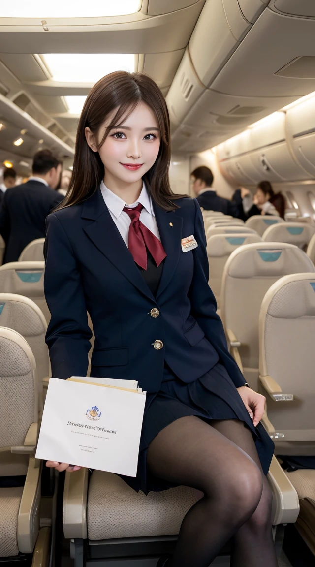 Highest quality、Tabletop、8K、Best image quality、Award-winning works)、One beautiful woman、Glowing Beautiful Skin , masterpiece、Highest quality、Ultra-high resolution、Depth of written boundary、Lens Flare 1 Girl、、Brown Hair, Capture the attention of the audience, Large Breasts , Stewardess Uniform, ( Stewardess Blazer:1.3), shirt, Short skirt, (Black high heels), Perfect Legs, Model pose, View from below, smile , Airplane cabin, pantyhose