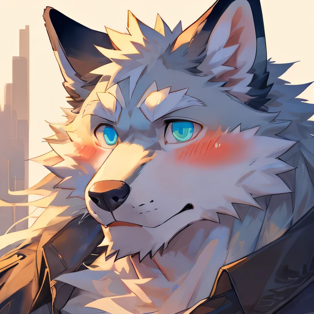 masterpiece,high quality,Perfect anatomical structure,hairy,Anthropomorphic fox,White fur,male, Rainbow 5,Blue pupils,Bright Eyes,blush,naked,Delicate face,By Qingshan,Close-up face