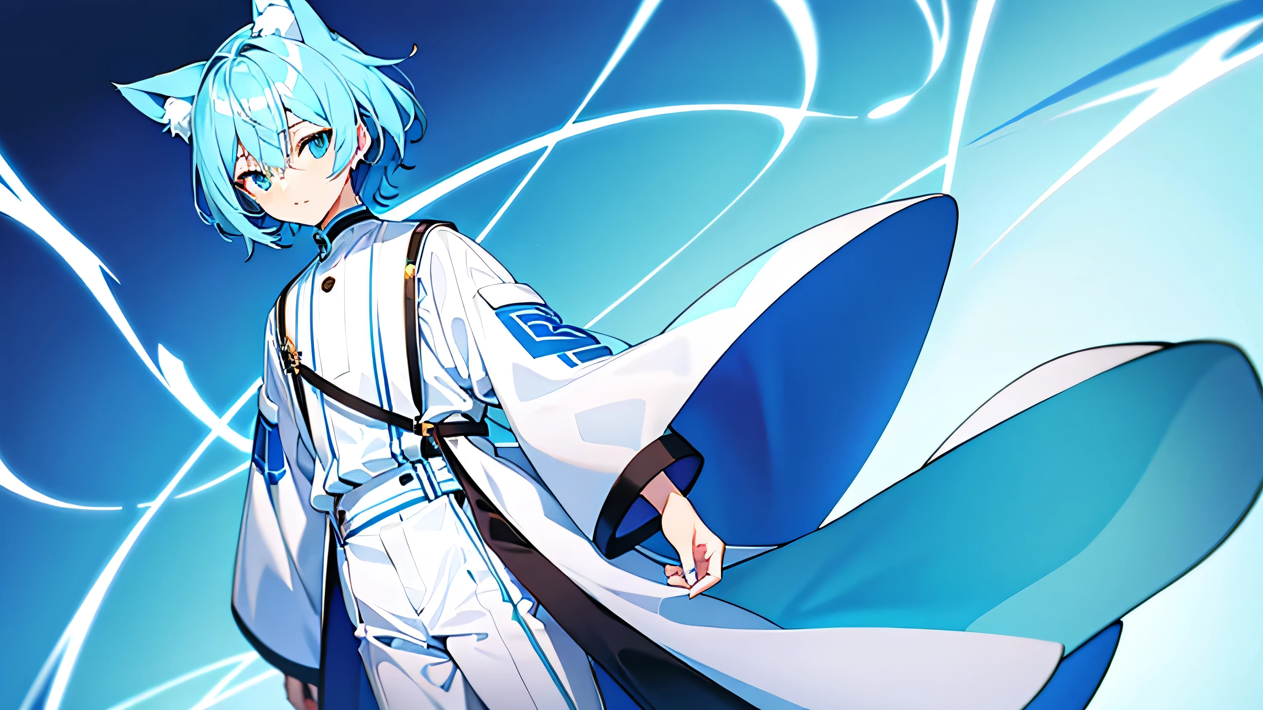 high detal,natural lightting,Light blue background,style of anime,Has blue hair,Two cat ears,A cat's tail,Very lovely,A cat man in wide white clothes,4k wallpaper