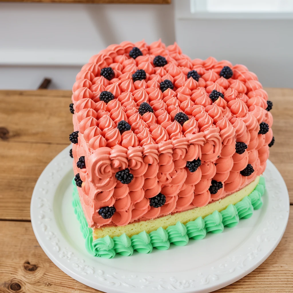 on a black background, a cream cake in the form of a heart, in shape of watermelon, the lower part of the cake is made of green cream whirls, reproduces the texture of a watermelon, a cream layer of fresh, juicy white m'yakotia. The top layer consists of red cream, on top of which watermelon seeds are poured, made of polymer clay, window light, bright lights, soft light, window light, professional lighting, light from the window, neat light, realistic texture, realistic style, detailed texture, high quality, high resolution, high quality rendering, realistic photo, brightning light, macro photo