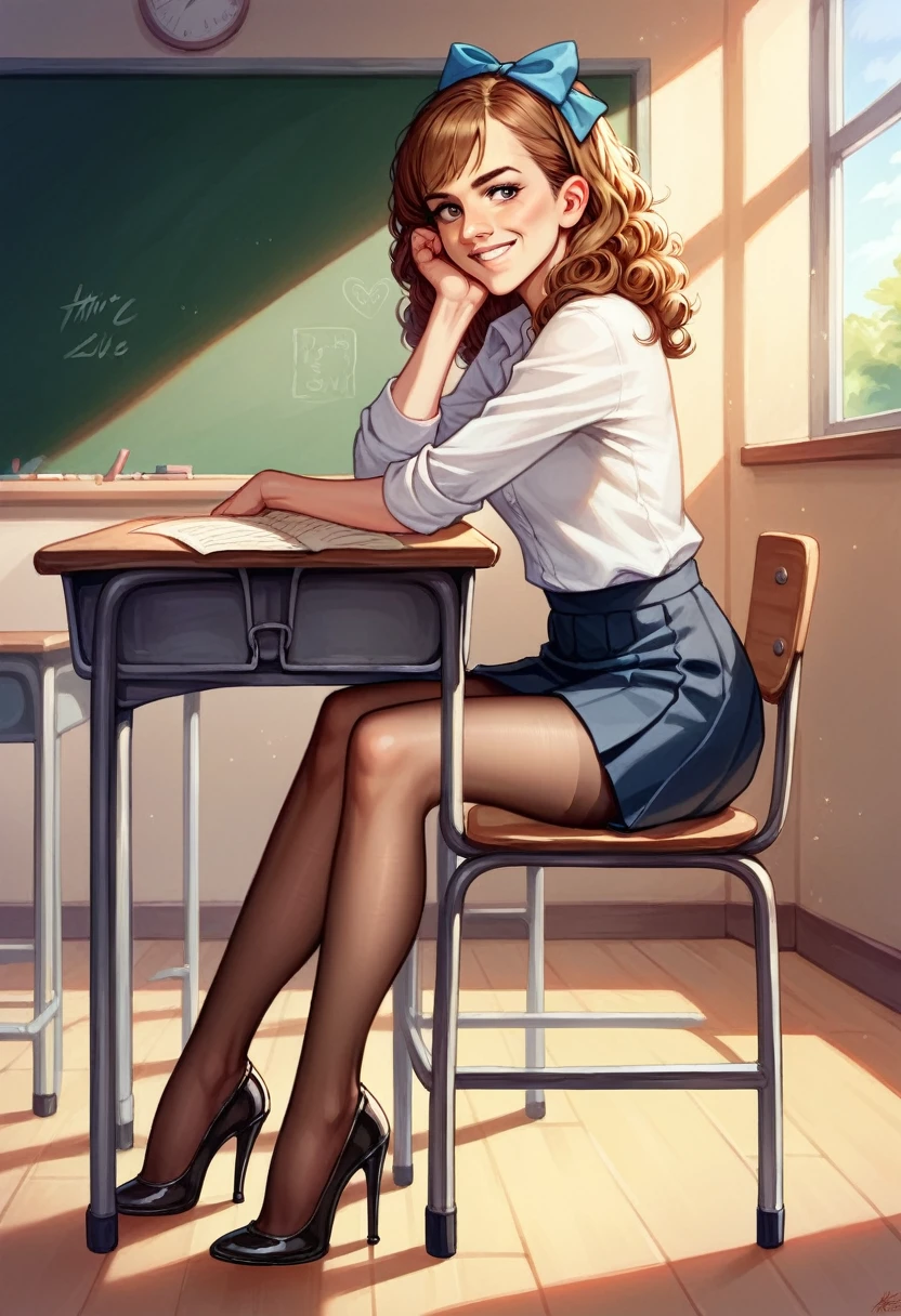 Smiling sexy Emma Watson,  very puffy curly red hair,  head bow, very tiny miniskirt,  FULL DETAILED LONG BROWN  TRANSPARENT PANTYHOSE, sitting,  high heels,  sun shiny day, classroom 