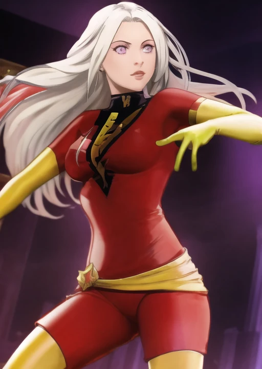 (masterpiece:1.2), (best quality:1.2), 1girl, Edelgard academy, purple eyes, red bodysuit, yellow elbow gloves