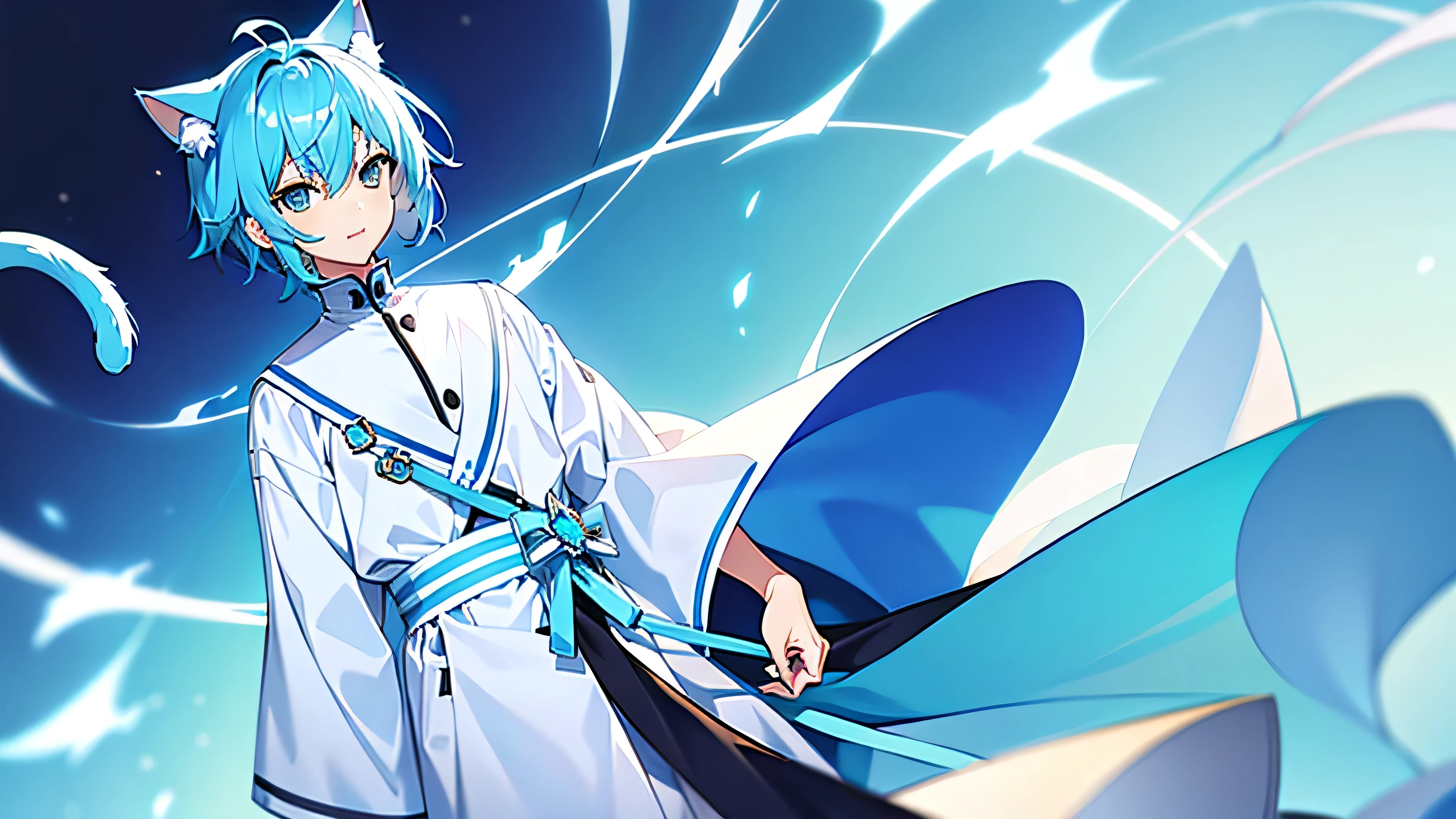 high detal,natural lightting,Light blue background,style of anime,Has blue hair,Two cat ears,A cat's tail,Very lovely,A cat man in wide white clothes,4k wallpaper