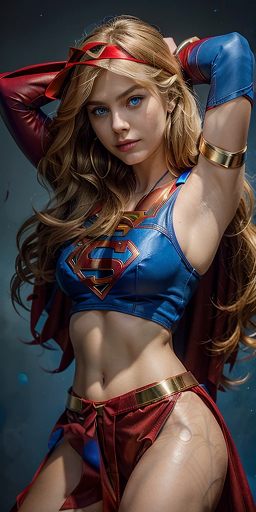 The character Supergirl , perfect costume in the red and blue colors, extremely beautiful blue eyes, gorgeous blond hair 