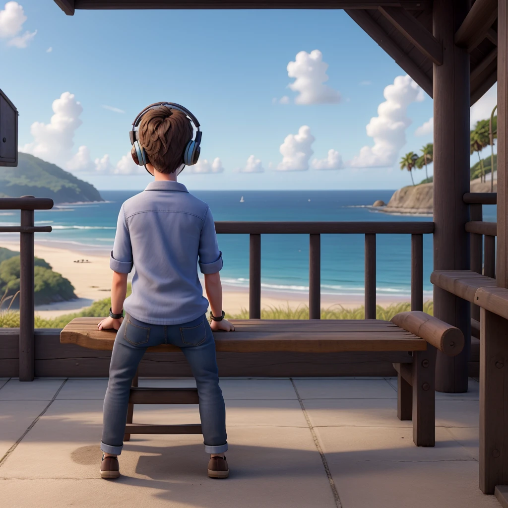 A single boy sitting in a public bench with casual outfits who is listening to music with his headphones seen from a 400 metre of distance from his back but his face cannot be seen and there is no one there but him and there is only a big ocean with no banks in front of him.