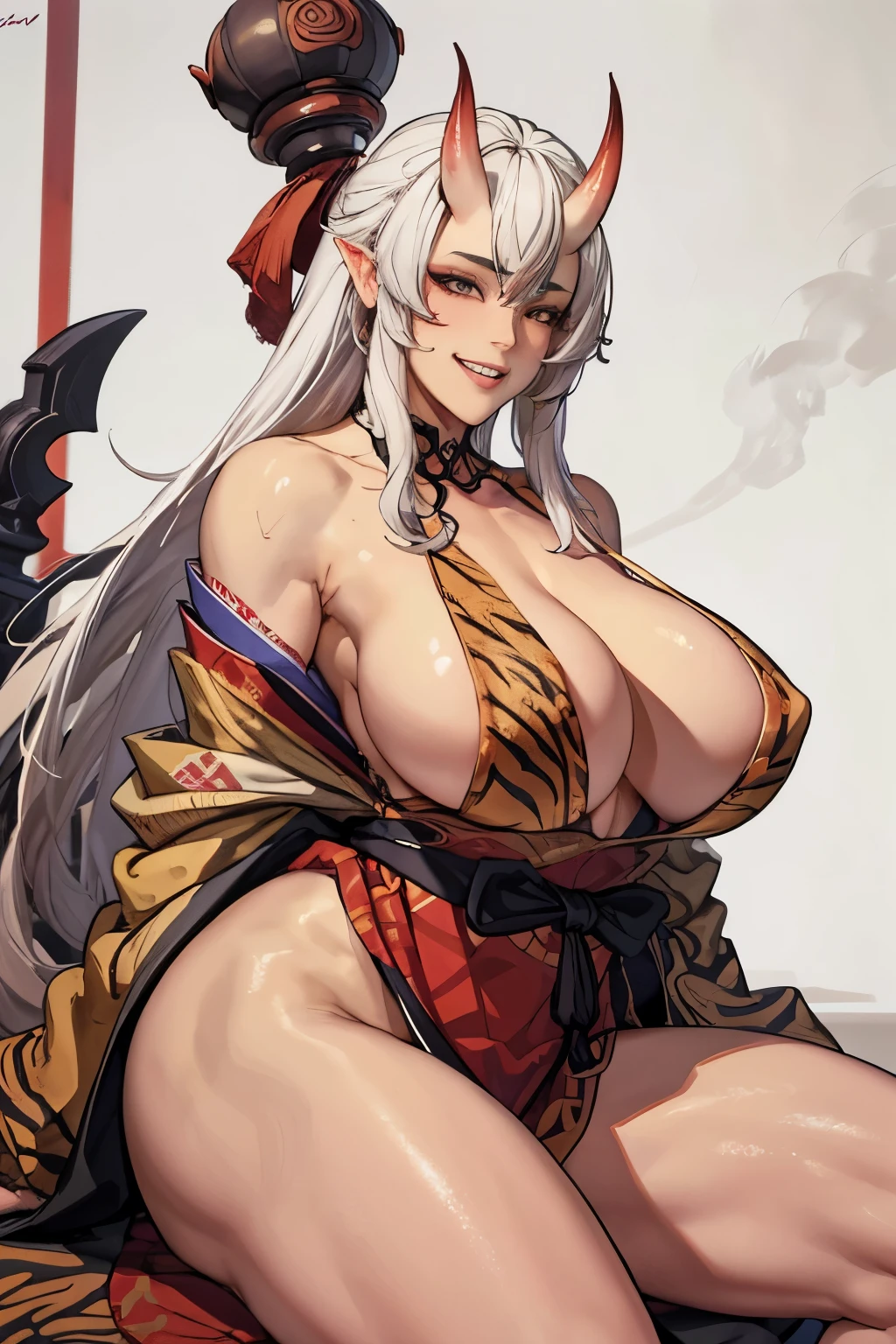 facing shot) of a (((beautiful))) Asian (((Oni female))) warrior, ((sitting with legs spread)) and holding on shoulder a ((massive iron mace)), (wepon), wearing (Tiger print short kimono), with ((thick curvy mature body)) yet ((muscular)), long and voluminous (white hair) blown by the wind, (2 long anime_Oni_horns ), reddish fair skin , (perfect detailed face features) expressive eyes with proud look , thick lips letting a provocative grin,