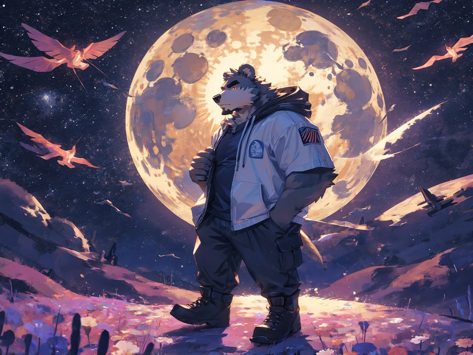 (masterpiece:1.2), best quality,pixiv,official art,perfect anatomy, (Ray tracing, light),solo, (1_male:1.3) , (muscle), (grey fur:1.4), (muscle bear), (beard:1.2), (gleaming golden eyes), bear tail, full body, Thick black eyebrows,(open hoodie parka), (pure white T-shirt inside), (cargo pants:1.2), boots, universe, planet, cosmos ,Galaxy, (on the moon: 1.3), interstellar travel,