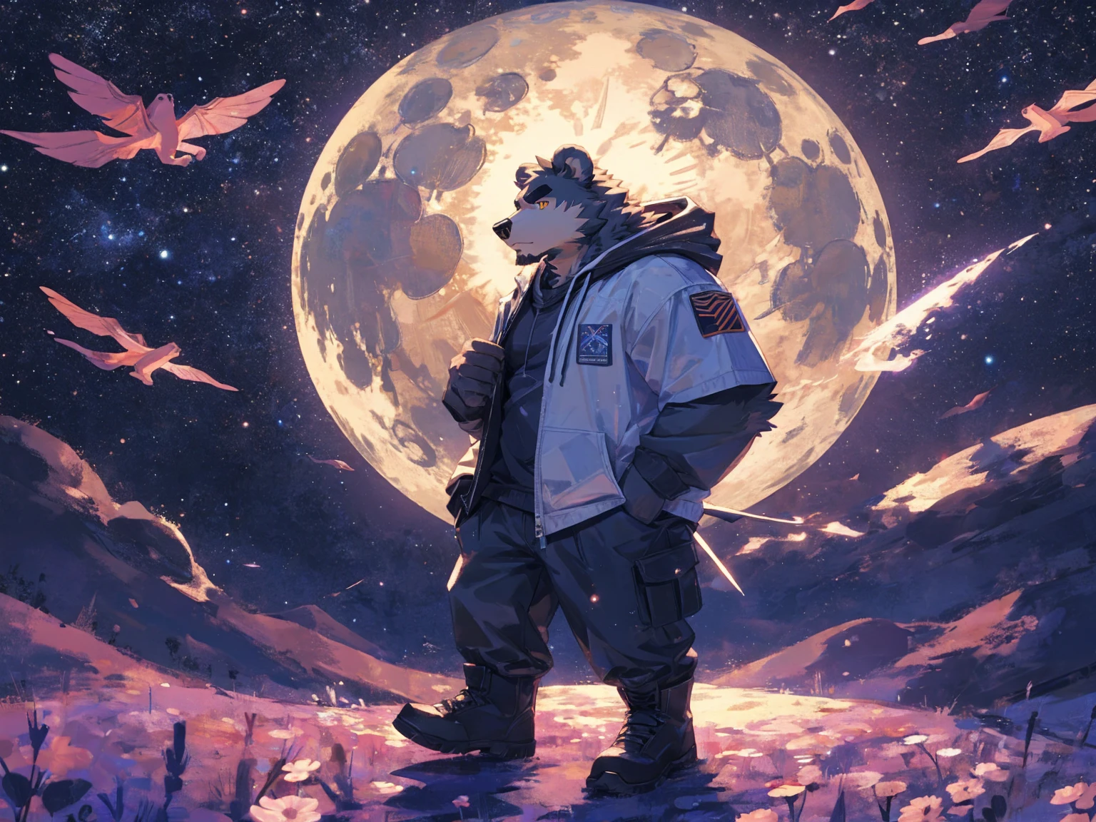 (masterpiece:1.2), best quality,pixiv,official art,perfect anatomy, (Ray tracing, light),solo, (1_male:1.3) , (muscle), (grey fur:1.4), (muscle bear), (beard:1.2), (gleaming golden eyes), bear tail, full body, Thick black eyebrows,(open hoodie parka), (pure white T-shirt inside), (cargo pants:1.2), boots, universe, planet, cosmos ,Galaxy, (on the moon: 1.3), interstellar travel,