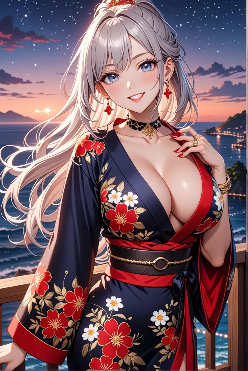 ((One personの女性)), Beautiful Face, (Laughing embarrassedly), (seductive smile:1.4), ((Wink:1.5)), (head tilt:1.3), Laugh with your mouth wide open, upper teeth, looking at viewer, (Doing sexy poses), ((Bright red cheeks:1.4)), Glossy Red Lips, (Big Breasts:1.4), cleavage, night,Terrace with sea view, Starry Sky, Glossy pink lips, Shining Face, ((Anime style background)),masterpiece, Highest quality, so beautiful,up to date, Complex details, (long nails of red color), (nail art), (ring),(bracelet),(Floral choker), (ring helix piercing:1.5), AI-generated, Complex,High resolution, Highest quality, super high quality,3D Images、3D Images,One person,Long white hair,High Ponytail, Anime woman posing for a photo, ((silver eyes:1.5)), ((Fine grain、Light blue eyes、Shining Eyes:1.4)), (Squint your eyes:1.1),a hyperRealistic , hyperRealistic , Realistic,Anime woman with long white hair, Smooth anime CG art, (A woman in a colorful kimono with gold embroidery), ((Black long sleeve kimono:1.3)), Red floral pattern,Long flower hair ornament,Earrings,Mature Body,Tall,Abdominal muscles,Tight waist, ((face focus:1.8)), (front view:1.3),