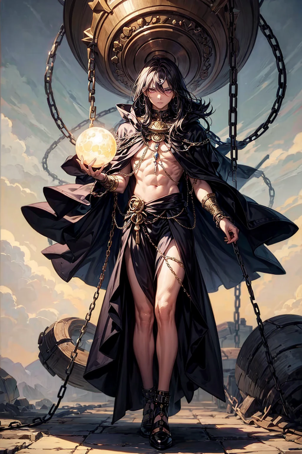 ((best quality)), ((masterpiece)), (detailed), god of destruction, godliness, destruction, chains, he controls chains, he is holding a sphere. He has dark clothing, purple, black. The orb is dark and has chains going around it. Behind him is the moon