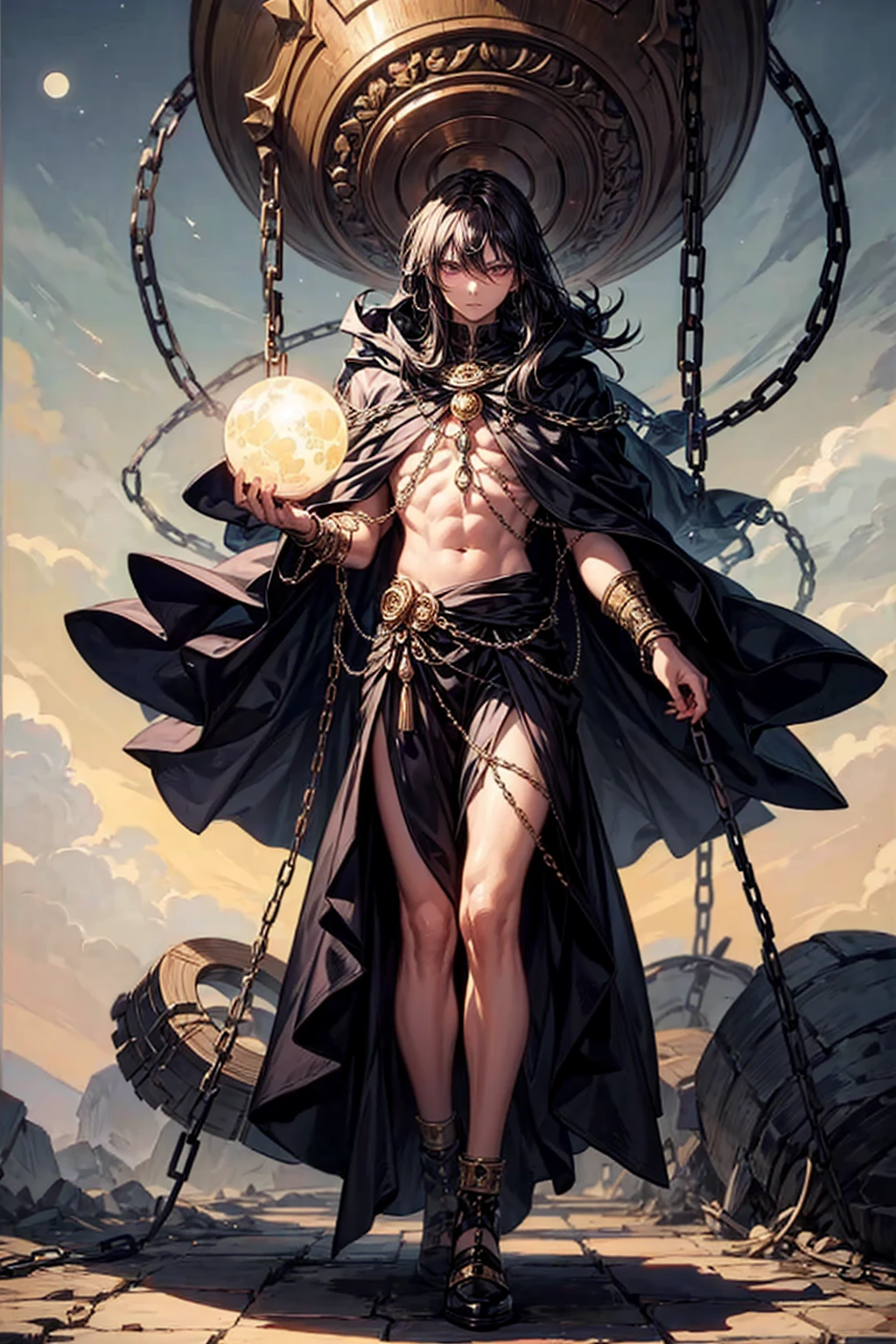 ((best quality)), ((masterpiece)), (detailed), god of destruction, godliness, destruction, chains, he controls chains, he is holding a sphere. He has dark clothing, purple, black. The orb is dark and has chains going around it. Behind him is the moon