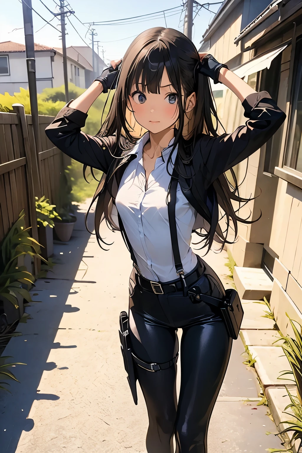 Highest quality, masterpiece, Ultra-high resolution, (realism: 1.4), Oil painting style, Cinema Lighting, An endless grassland dotted with a few houses, I stood on the empty asphalt road and looked at it., Fairy Mountain々was shrouded in mist, And the suspenders with the cranes flying Moderate breasts Small face holster Beautiful woman Lying in bed Looking up Sweat belt summer 脇Sweat Black Hole Gloves suit shirt Black jacket Black trousers Leg Links ズボンにbelt holster Nipples showing through clothes, caught Both hands above the head Hands behind your back mask