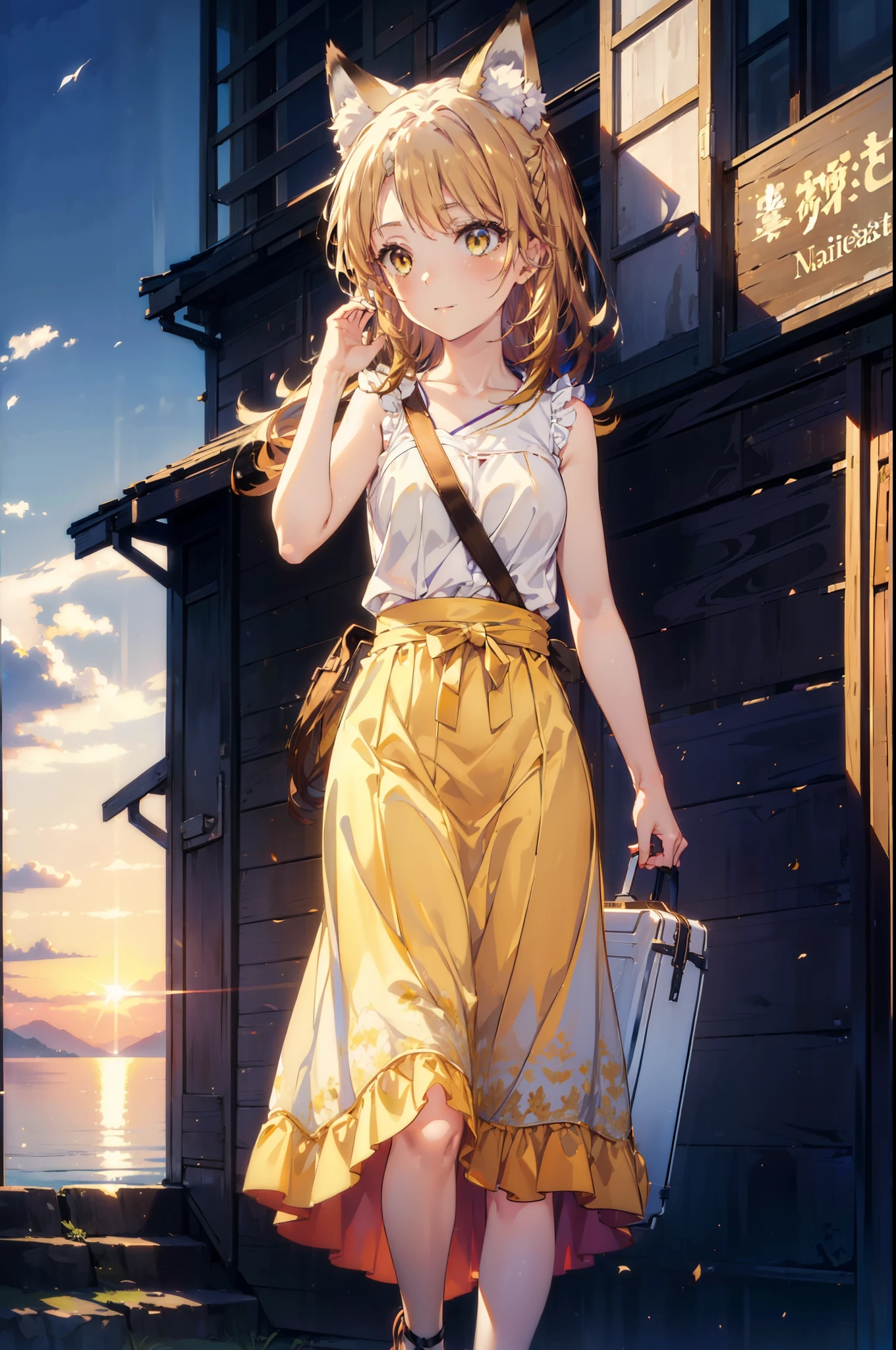Irohaisshiki, isshiki iroha,Long Hair, Brown Hair, (Brown eyes:1.5), happy smile, smile, Open your mouth,animal(Fox Ears,Fox tail),Yellow sleeveless dress,Yellow long skirt,Cute Sandals,Push-type suitcase,background（Ships at anchor）,port,My hair is blowing in the wind,Holding her hair with her right hand,whole bodyがイラストに入るように,Are standing,morning,morning陽,The sun is rising,
break outdoors, port,Ocean,
break looking at viewer,whole body,
break (masterpiece:1.2), Highest quality, High resolution, unity 8k wallpaper, (shape:0.8), (Beautiful and beautiful eyes:1.6), Highly detailed face, Perfect lighting, Highly detailed CG, (Perfect hands, Perfect Anatomy),