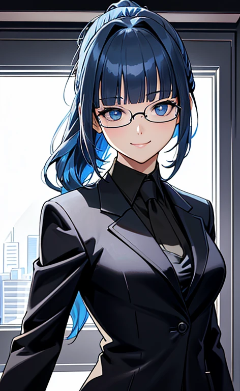 (Face:1.5)、(masterpiece:1.5、Photorealistic:1.4,anime coloring:1.4、high resolution:1.4)、,(spot light:1.2、Exquisite beautiful eye:1.5,)、(stand:1.5)、(Hair tied up in a ponytail)、(upper body:1.5)、
(kind eyes、tareme:1.4),(glasses:1.5)、(Cute Face)、(blue hair:1.5)、(middle hair:1.5),(sidelock :1.6),(blunt bangs:1.3),(1 girl)、(blue eyes:1.2)、(light smile:1.5),()、(solo)、() ,(),(small breasts),(),(black business suit:1.5),()、()、()、Slim Body(),Shiny Hair、
