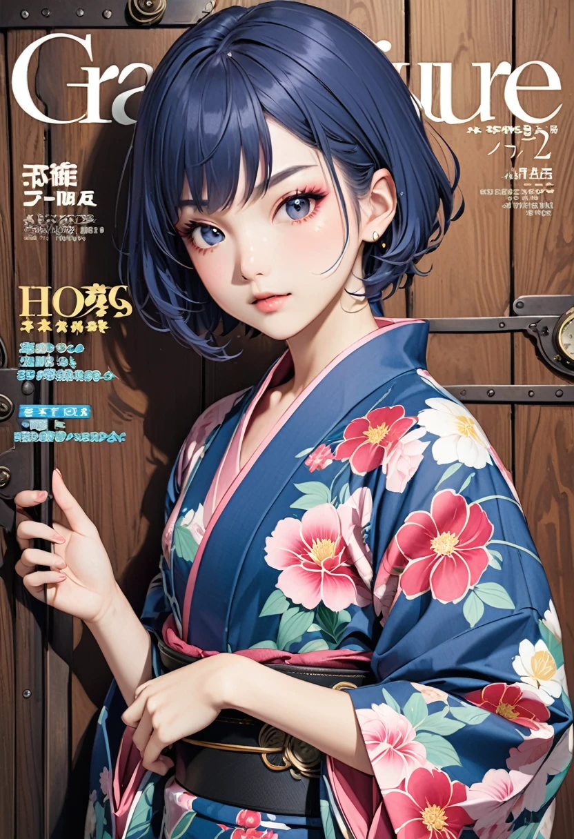 (fashion magazine gravure:1.3),(masterpiece, best quality:1.1),A gravure photo of a girl from the Edo period, with a model posing in a pink-color yukata,flower pattern yukata,open yukata,Steampunk,model posing,summer,whole body,BREAK.(tween,detailed face,(darkblue wavy-short hair),eyebrows),