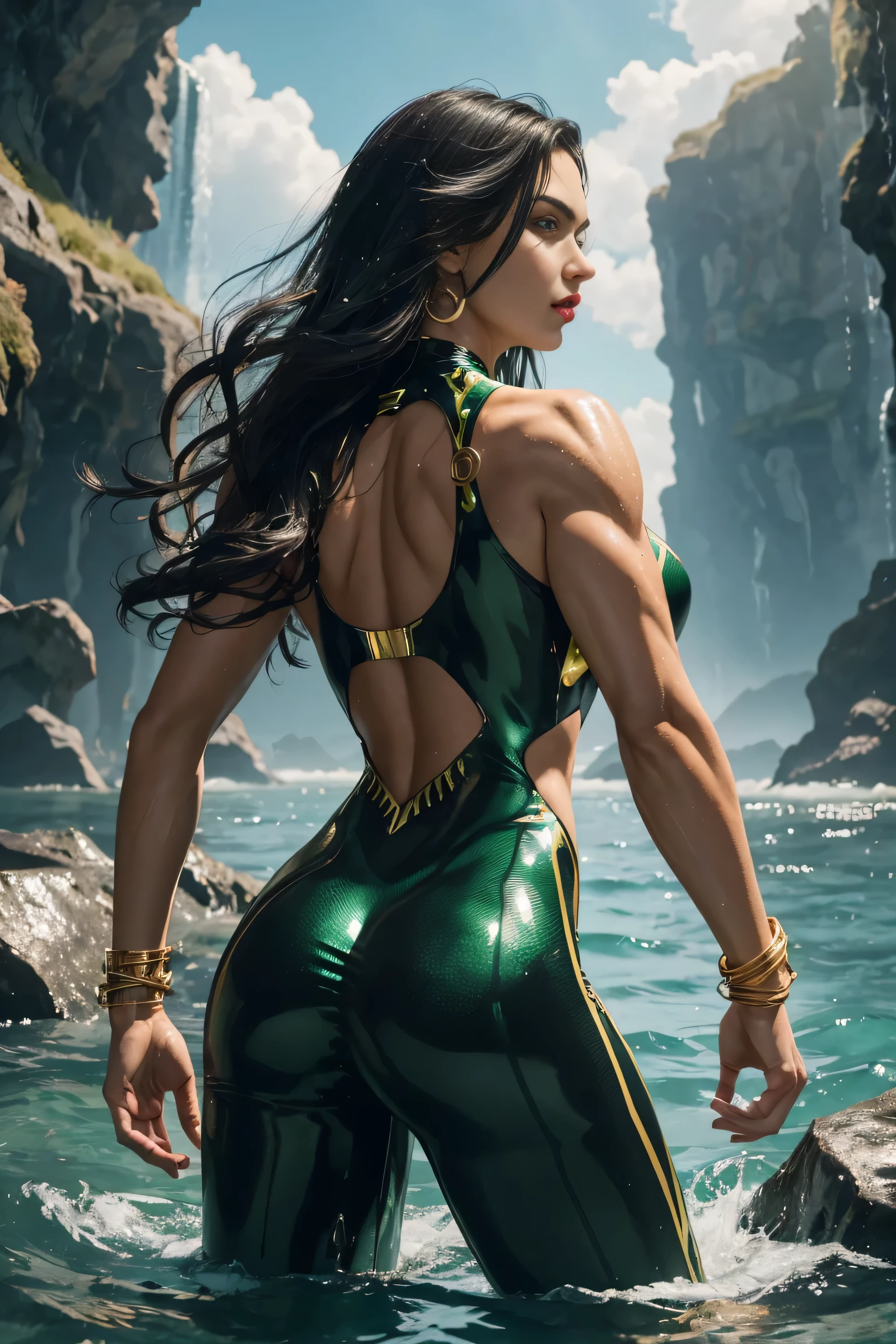 Full body shot seen from behind Sexy 14 years old, superhero Aquaman long shaggy wet black hair falling on her long black shoulders, glowing green, eyes red lips muscular body wears a transparent decorated with green scales shiny elastic body-fitting wetsuit, plunging sleeveless top gold shoulder pads gold bracelets revealing abs midriff a Z symbol on her chest portrait photography by artgerm, in the style of realism, glistening skin, cartooncore, mangacore, natural lighting, Defined full lips. Muscular fitness feminine body standing in the water in the background night is a huge terrifying dinosaur