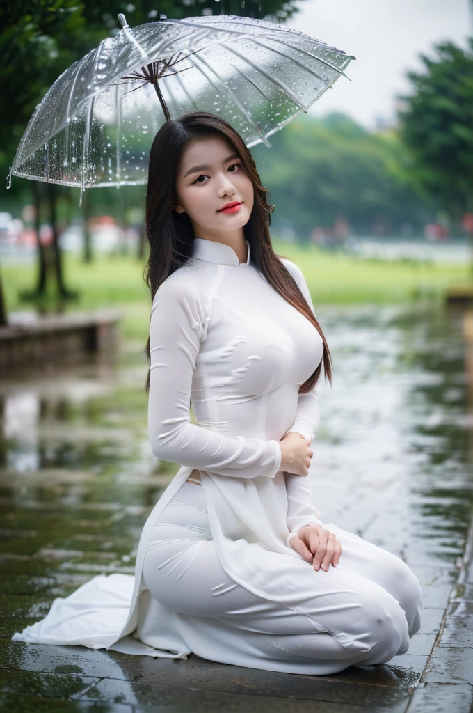big breasts, round breasts, wearing bra inside ao dai, slim figure, beautiful figure, big breasts, long straight hair, ((sharp 8k quality photo)), ((details of beautiful, sharp face, face balanced) cho)), ((beautiful breasts, exposed cleavage, plump body), (( beautiful sparkling eyes, sharp eye details, beautiful face, balanced eyes)), (( sitting in the rain full body, wet ao dai revealing chest in the rain)), ((super beautiful body with high details, tight body with bust and slim waist)), ((round breasts, exposed chest, tight topless chest, nude, naked, no shirt)), ((it was raining heavily, there was no sunshine))
