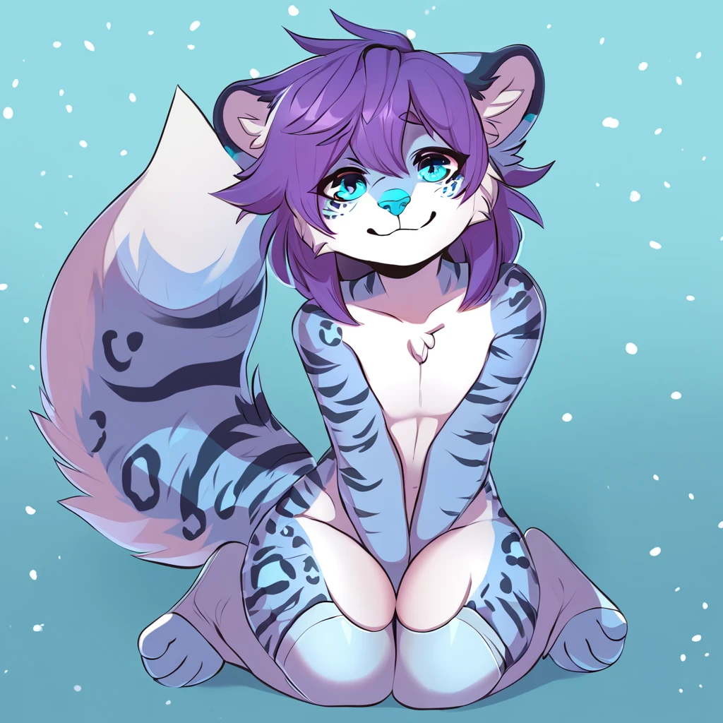 adult, feline, mammal, anthro, anthromorphic, snow, leopard, striped_feline, fur, furred_anthro, fluffy_tail. femboy, male, bangs, ear_tufts, blue_nose, blue_fingers, hair_tuft, hair_between_eyes, short_tail, fluffy, feline_ears, expressive_eyes, purple_hair, light looking_at_viewer, legs, legs_visible, thighs, blue_paws, blue_fur, shy, small_pupils, spotted_pattern, stripes, tail, tail_connected_to_body tiger_stripes, digital_art, high_resolution, high_res, teal_background, fit, thigh_high, thigh_high_socks, blue_thigh_high_socks, light_blue_and_white_striped