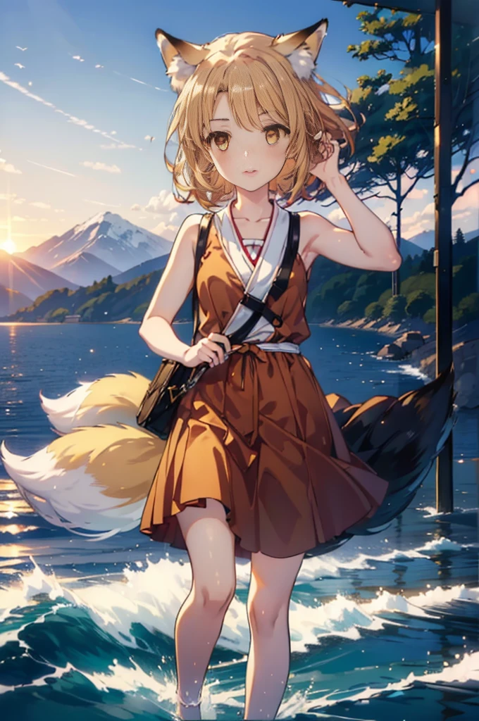 Irohaisshiki, isshiki iroha,Short Hair, Brown Hair, (Brown eyes:1.5), happy smile, smile, Open your mouth,animal(Fox Ears,Fox tail),Yellow sleeveless dress,Yellow long skirt,Cute Sandals,Push-type suitcase,background(Ships at anchor),port,My hair is blowing in the wind,Holding her hair with her right hand,whole bodyがイラストに入るように,Are standing,morning,morning陽,The sun is rising,Cruise,
break outdoors, port,Ocean,
break looking at viewer,whole body,
break (masterpiece:1.2), Highest quality, High resolution, unity 8k wallpaper, (shape:0.8), (Beautiful and beautiful eyes:1.6), Highly detailed face, Perfect lighting, Highly detailed CG, (Perfect hands, Perfect Anatomy),