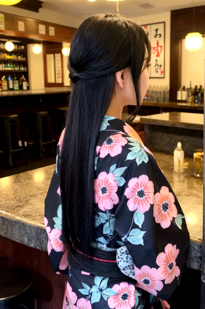 1woman, idol, long hair, black hair, bar counter、Take off your yukata、Back view、20th Generation、