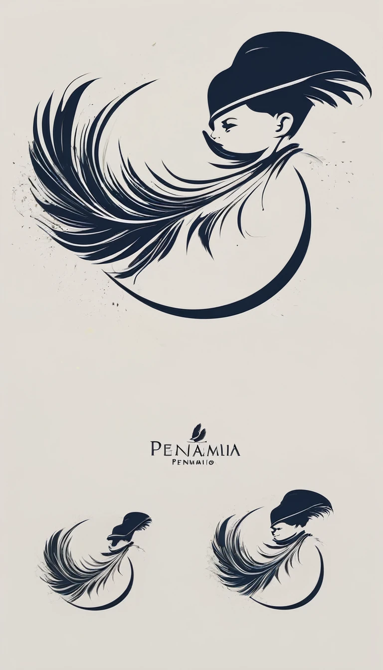 Create a minimal, modern, simple, inspirational, memorable, dream like logo design of a boy and a feather for the brand “Penamemoria".