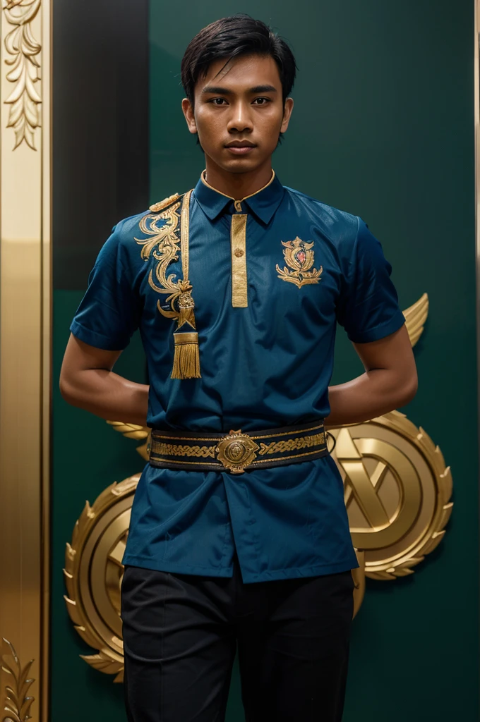 3D logo image of a young Indonesian man wearing a blue knight's shirt carrying a ribbon that says "HERY" in big GREEN gold letters and on either side there is a metallic black Garuda bird and there are decorations around the Garuda image making the design even more luxurious and elegant. . Intricate ultra HDR rendering, accurate details, COLORFUL BACKGROUNDS WITH COLORED SMOKE.