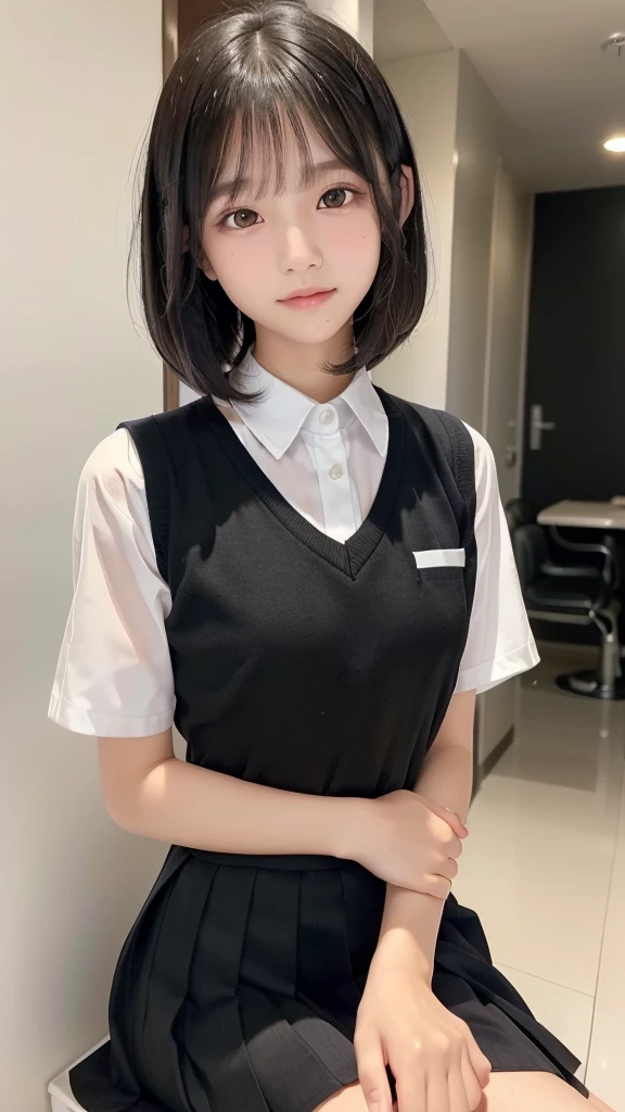 cute girl, teenager, 17years old, , simple background, (((absolutoly beautiful girl, shiny skin, shiny hair, black hair, semi long haircut, 8K, school uniform)))