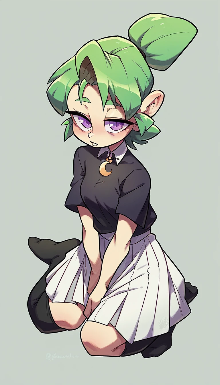 Female, 1girl, solo, green hair, purple eyes, short ponytail,Green rabbit ears,A black short-sleeved open-breasted shirt with a white collar, a white skirt, black socks, a yellow crescent-shaped necklace